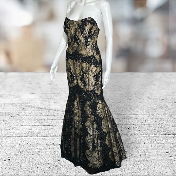 Jovani Black Lace Over Skin Color Strapless Gown - Picture 1 of 9